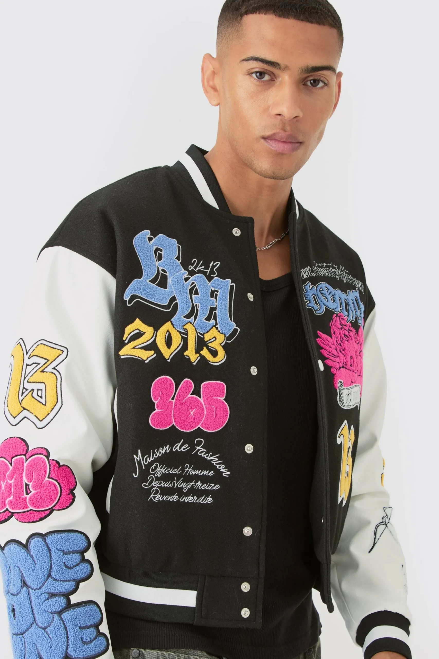Boxy Homme Badge PU Sleeve Varsity Jacket In Black | BoohooMAN UK