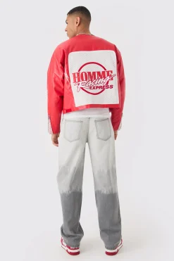 Boxy Homme Crochet Collarless PU Moto Jacket In Red | BoohooMAN UK