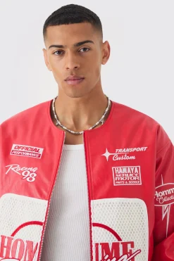 Boxy Homme Crochet Collarless PU Moto Jacket In Red | BoohooMAN UK