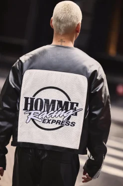 Boxy Homme Crochet Collarless PU Moto Jacket In Black | BoohooMAN UK