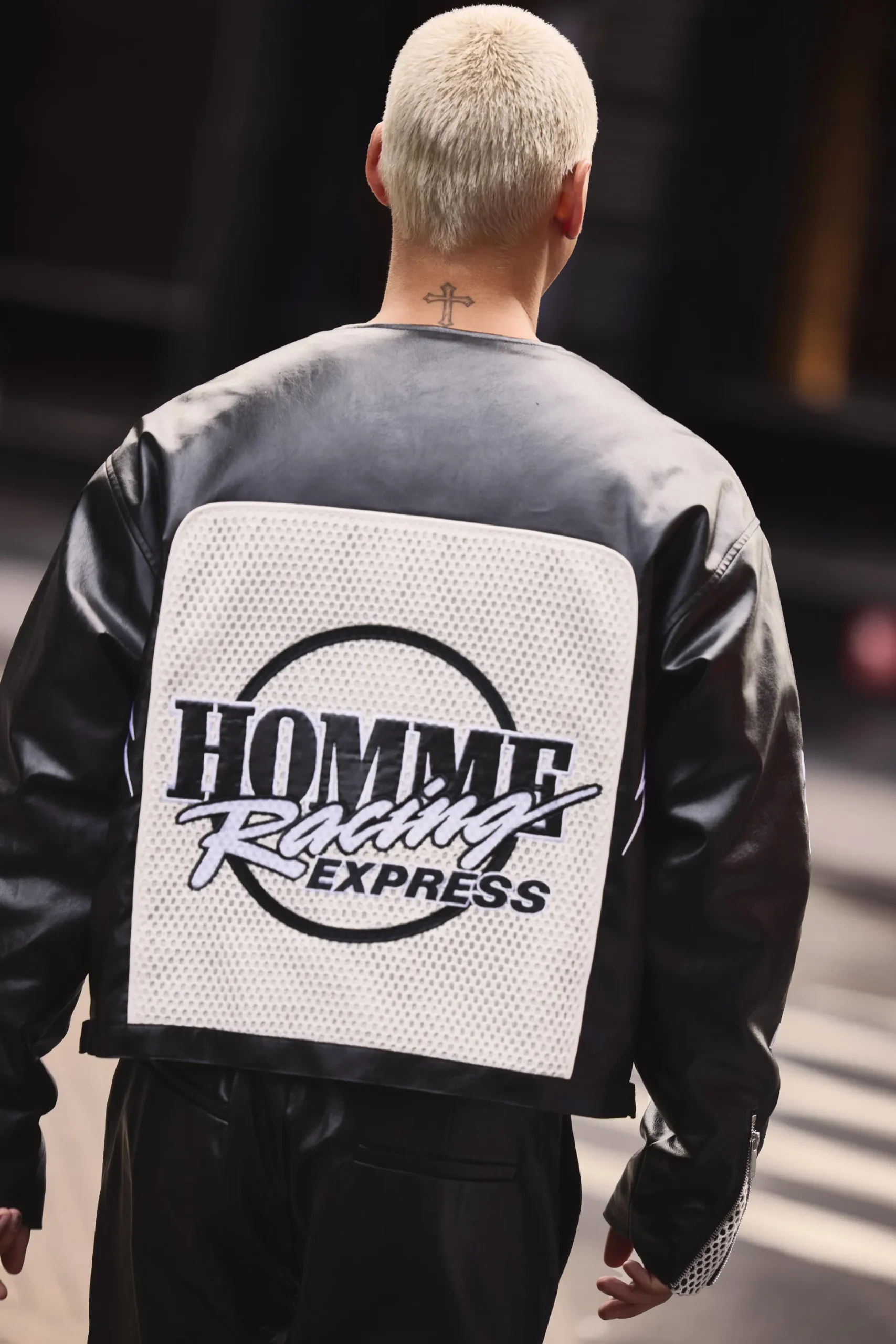 Boxy Homme Crochet Collarless PU Moto Jacket In Black | BoohooMAN UK