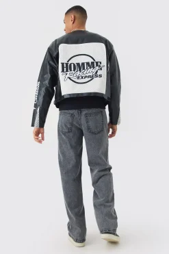 Boxy Homme Crochet Collarless PU Moto Jacket In Black | BoohooMAN UK