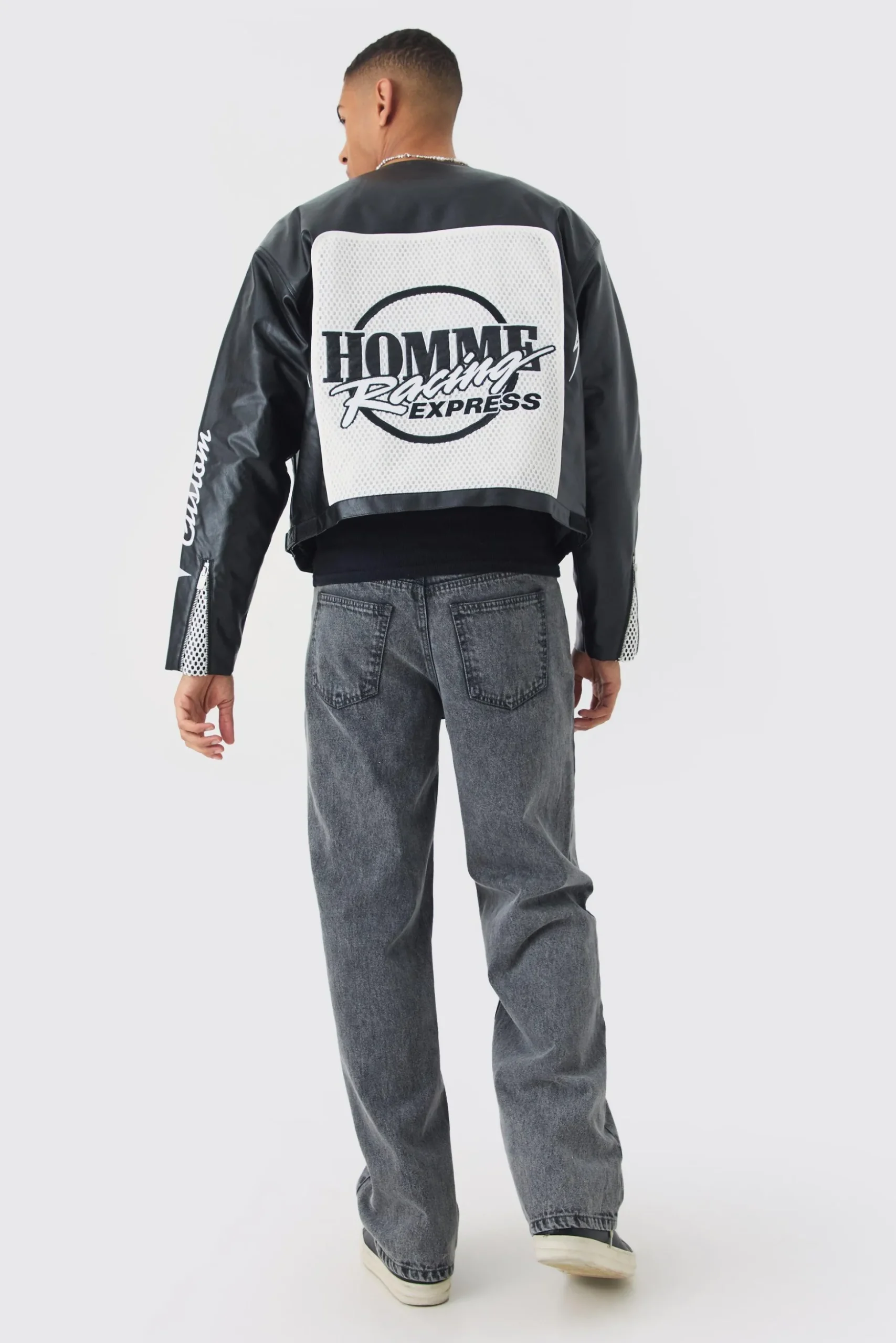 Boxy Homme Crochet Collarless PU Moto Jacket In Black | BoohooMAN UK