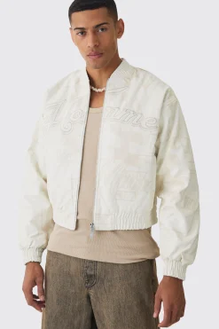 Boxy Homme Printed Bomber Jacket In White | BoohooMAN UK