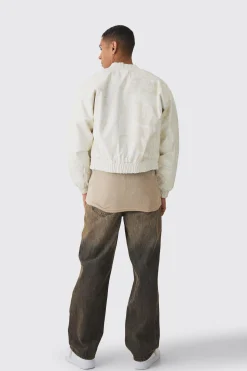 Boxy Homme Printed Bomber Jacket In White | BoohooMAN UK