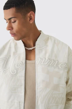 Boxy Homme Printed Bomber Jacket In White | BoohooMAN UK