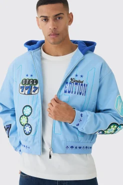 Boxy Hooded Casino Badge Bomber Jacket In Blue | BoohooMAN UK