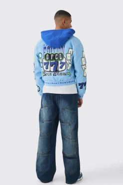 Boxy Hooded Casino Badge Bomber Jacket In Blue | BoohooMAN UK