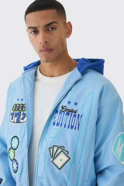 Boxy Hooded Casino Badge Bomber Jacket In Blue | BoohooMAN UK