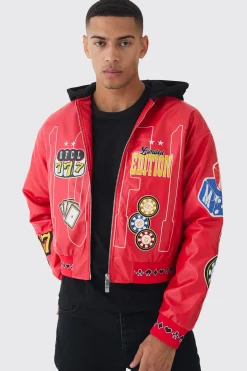 Boxy Hooded Casino Badge Bomber Jacket In Red | BoohooMAN UK