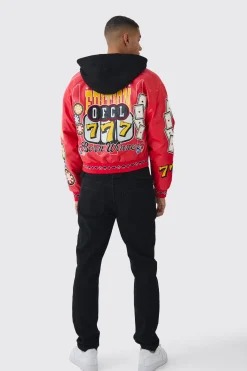 Boxy Hooded Casino Badge Bomber Jacket In Red | BoohooMAN UK
