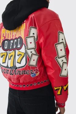 Boxy Hooded Casino Badge Bomber Jacket In Red | BoohooMAN UK