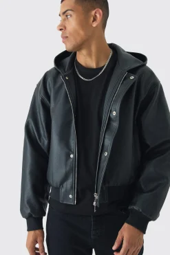 Boxy Hooded PU Bomber Jacket In Black | BoohooMAN UK
