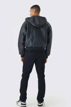 Boxy Hooded PU Bomber Jacket In Black | BoohooMAN UK