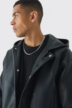 Boxy Hooded PU Bomber Jacket In Black | BoohooMAN UK