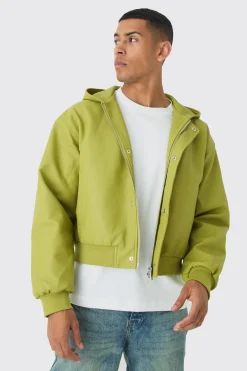 Boxy Hooded Pu Bomber Jacket In Lime | BoohooMAN UK