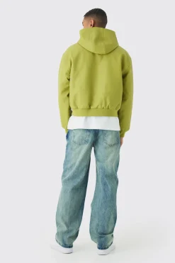 Boxy Hooded Pu Bomber Jacket In Lime | BoohooMAN UK