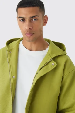 Boxy Hooded Pu Bomber Jacket In Lime | BoohooMAN UK