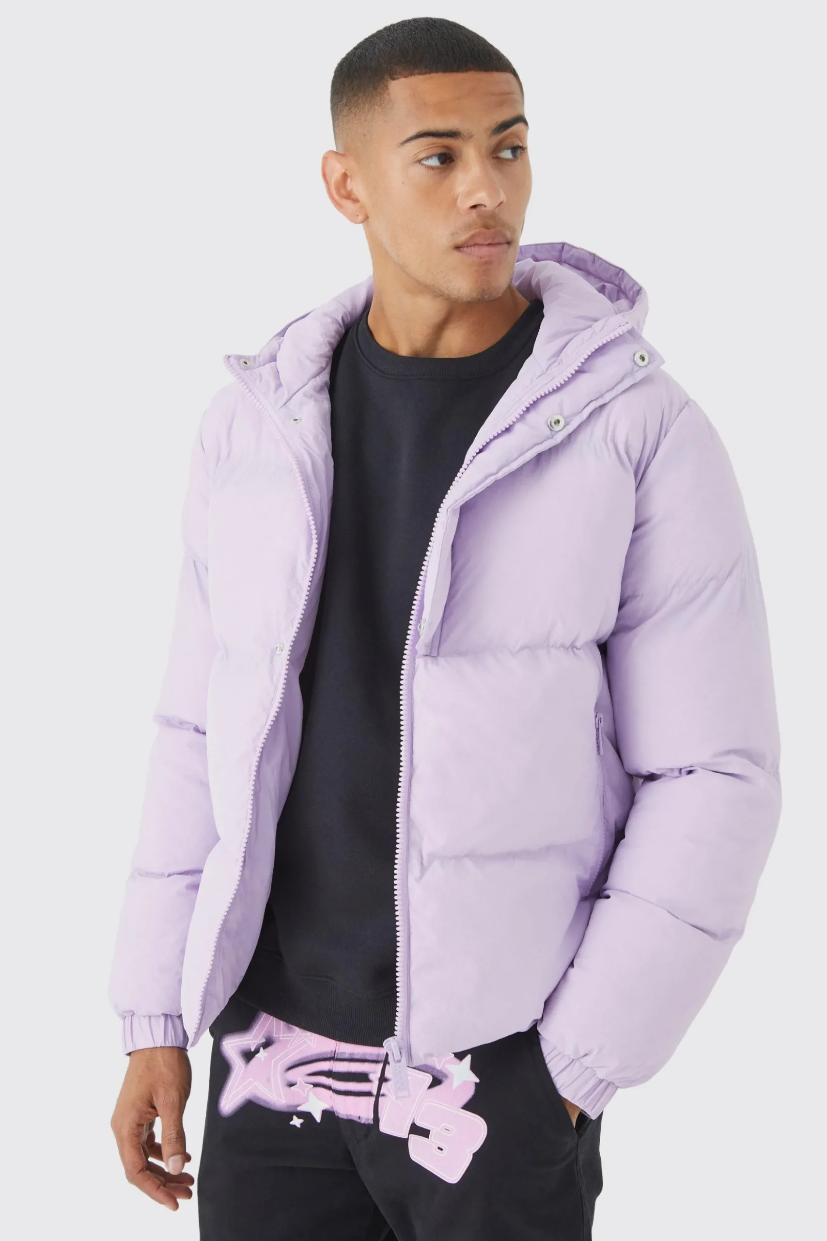 Boxy Hooded Puffer With Half Placket | BoohooMAN UK