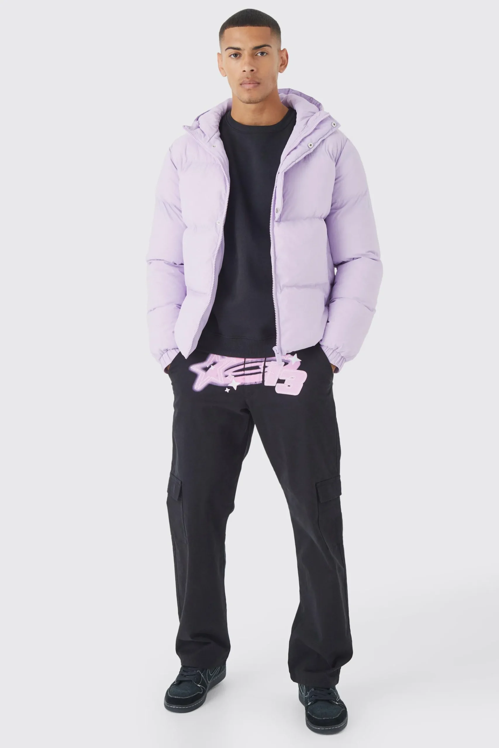 Boxy Hooded Puffer With Half Placket | BoohooMAN UK