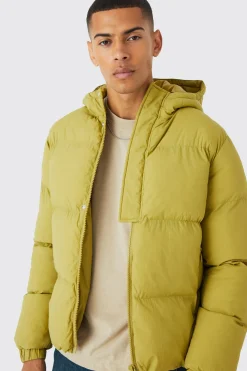 Boxy Hooded Puffer With Half Placket | BoohooMAN UK