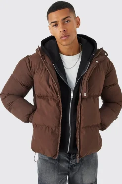 Boxy Hooded Puffer With Half Placket | BoohooMAN UK