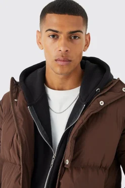 Boxy Hooded Puffer With Half Placket | BoohooMAN UK