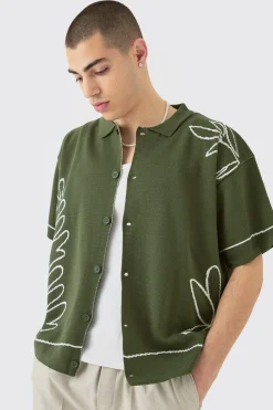 Boxy Jacquard Knit Abstract Detail Shirt In Olive | BoohooMAN UK