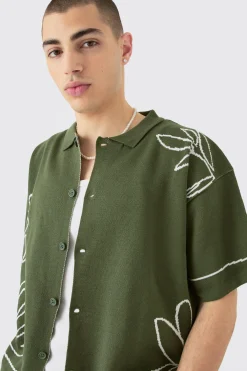Boxy Jacquard Knit Abstract Detail Shirt In Olive | BoohooMAN UK