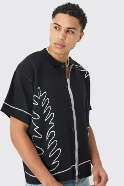 Boxy Jacquard Knit Abstract Detail Shirt In Black | BoohooMAN UK