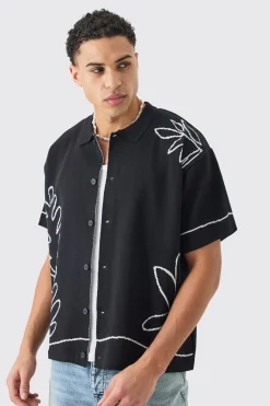 Boxy Jacquard Knit Abstract Detail Shirt In Black | BoohooMAN UK