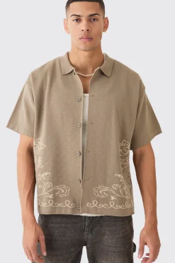 Boxy Jacquard Knit Abstract Detail Shirt In Taupe | BoohooMAN UK