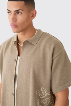 Boxy Jacquard Knit Abstract Detail Shirt In Taupe | BoohooMAN UK