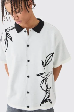 Boxy Jacquard Knit Floral Detail Shirt In White | BoohooMAN UK