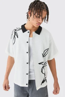 Boxy Jacquard Knit Floral Detail Shirt In White | BoohooMAN UK