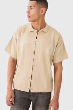 Boxy Jacquard Knit Rose Detail Shirt In Stone | BoohooMAN UK