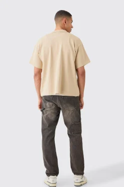 Boxy Jacquard Knit Rose Detail Shirt In Stone | BoohooMAN UK