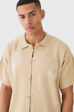 Boxy Jacquard Knit Rose Detail Shirt In Stone | BoohooMAN UK