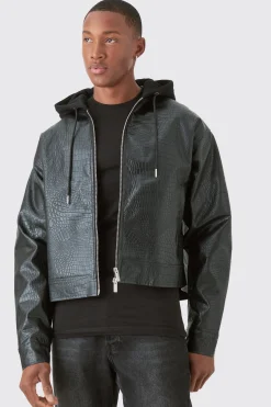 Boxy Jersey Hooded Pu Bomber Jacket In Black | BoohooMAN UK