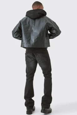 Boxy Jersey Hooded Pu Bomber Jacket In Black | BoohooMAN UK