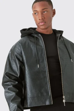 Boxy Jersey Hooded Pu Bomber Jacket In Black | BoohooMAN UK