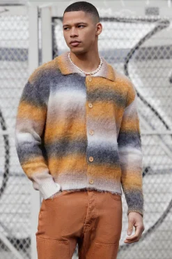 Boxy Knitted Brushed Stripe Shirt In Mustard | BoohooMAN UK