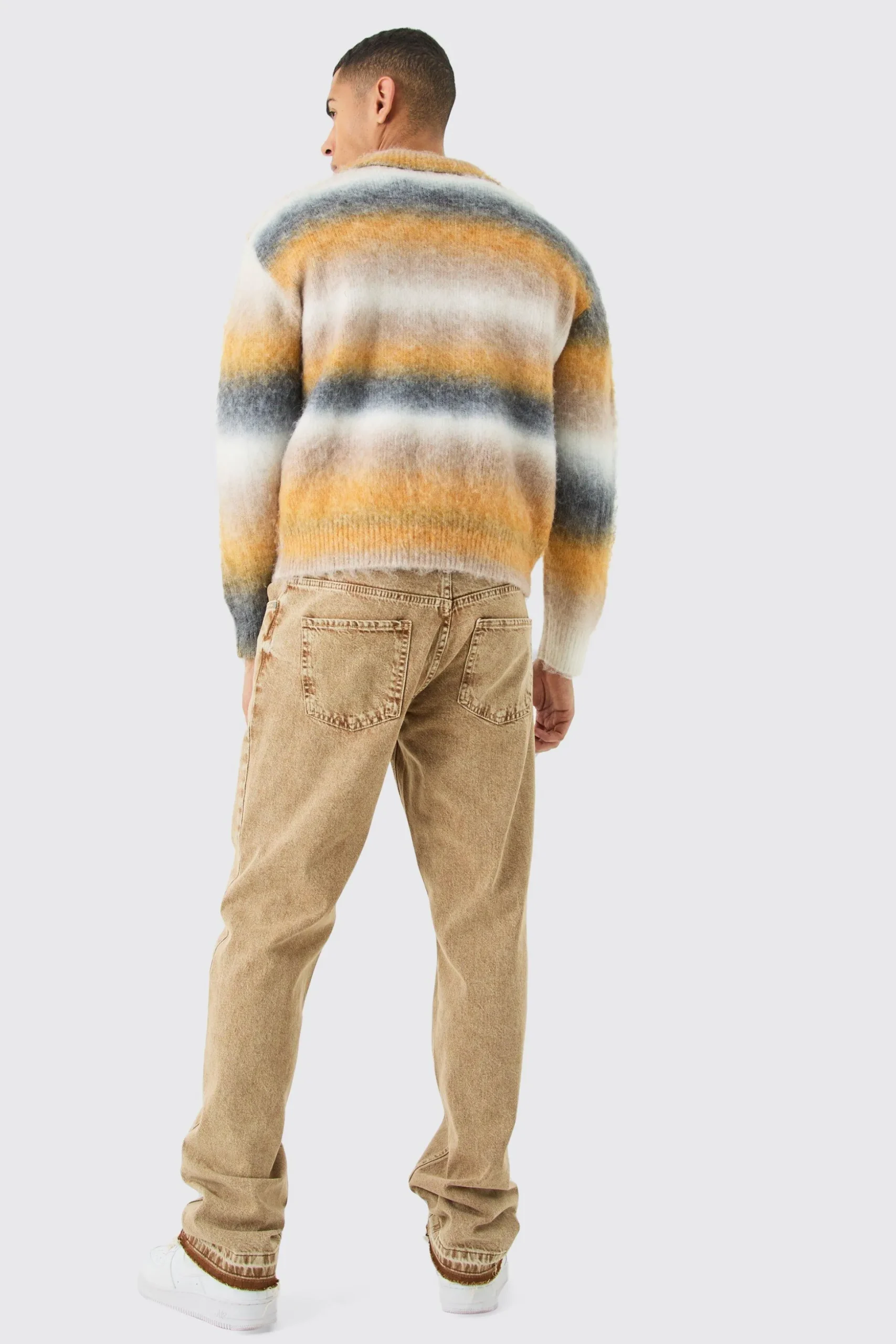 Boxy Knitted Brushed Stripe Shirt In Mustard | BoohooMAN UK
