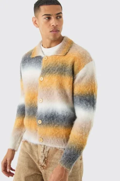 Boxy Knitted Brushed Stripe Shirt In Mustard | BoohooMAN UK