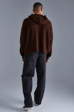 Boxy Knitted Ribbed Hoodie | BoohooMAN UK