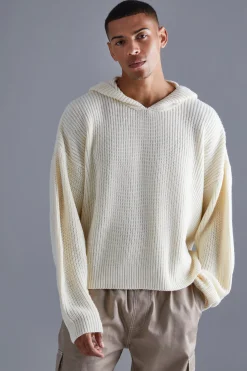 Boxy Knitted Ribbed Hoodie | BoohooMAN UK