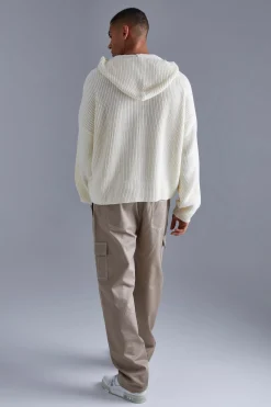 Boxy Knitted Ribbed Hoodie | BoohooMAN UK