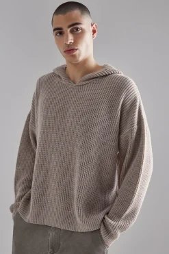 Boxy Knitted Ribbed Hoodie | BoohooMAN UK