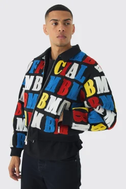 Boxy Letter Badge Collared Varsity Jacket In Black | BoohooMAN UK