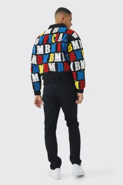 Boxy Letter Badge Collared Varsity Jacket In Black | BoohooMAN UK